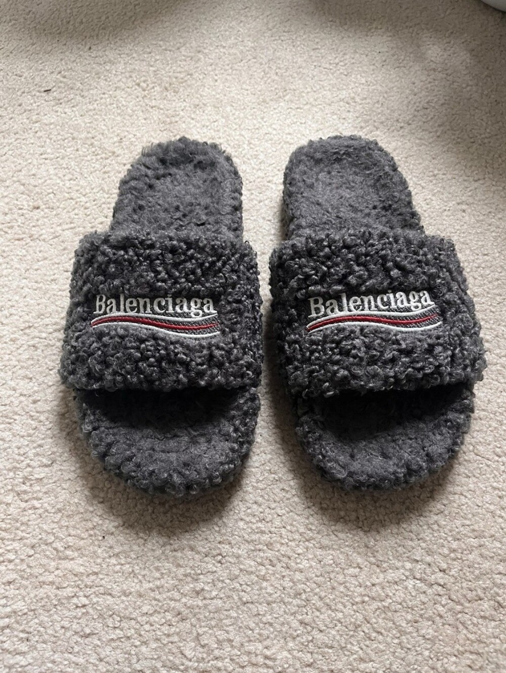 Balenciaga Grey Fur Slippers